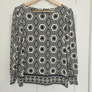 Women's Alfani Hexagon Focus Pop Art Top Size Petite Small - Black, White & Tan